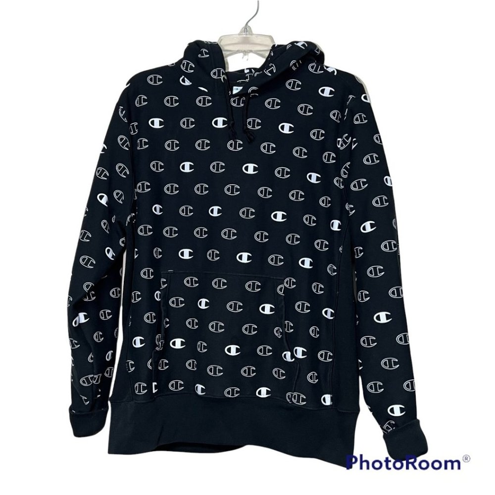 CHAMPION Reverse Weave Hooded SweatShirt Front Pocket All-Over Print Size L